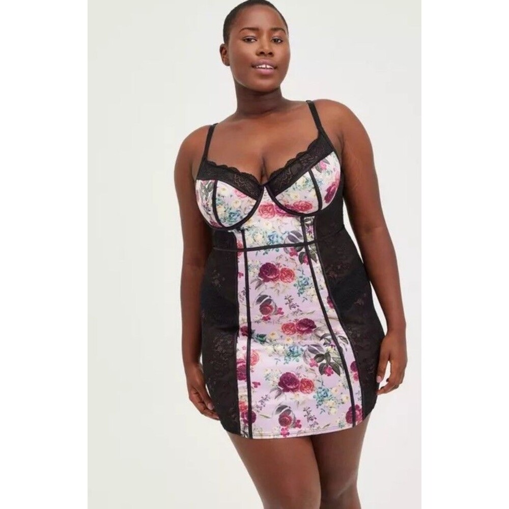 Torrid Curve Pieced Satin Lace Chemise Black Floral Sz 3X Underwire